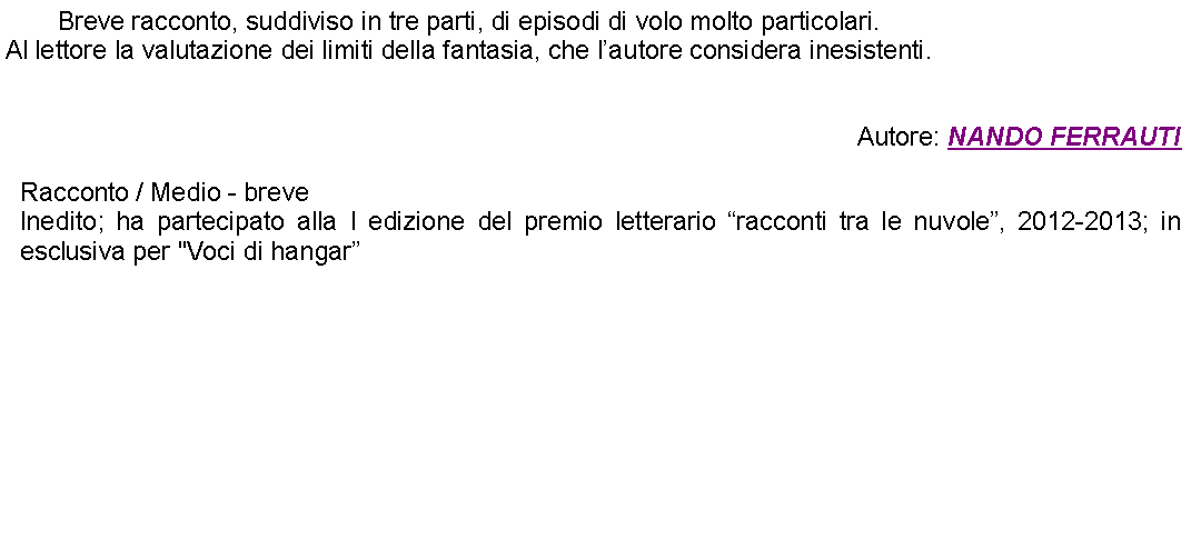 Casella di testo: 		Breve racconto, suddiviso in tre parti, di episodi di volo molto particolari.Al lettore la valutazione dei limiti della fantasia, che lautore considera inesistenti.Autore: NANDO FERRAUTIRacconto / Medio - breveInedito; ha partecipato alla I edizione del premio letterario racconti tra le nuvole, 2012-2013; in esclusiva per "Voci di hangar