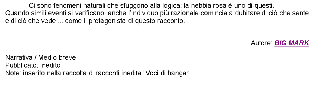 Casella di testo: 		Ci sono fenomeni naturali che sfuggono alla logica: la nebbia rosa  uno di questi.Quando simili eventi si verificano, anche lindividuo pi razionale comincia a dubitare di ci che sente e di ci che vede ... come il protagonista di questo racconto.Autore: BIG MARKNarrativa / Medio-brevePubblicato: ineditoNote: inserito nella raccolta di racconti inedita "Voci di hangar